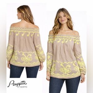 Poupette St Barth Embroidered Off Shoulder Blouse 100% Viscose Size Medium Boho